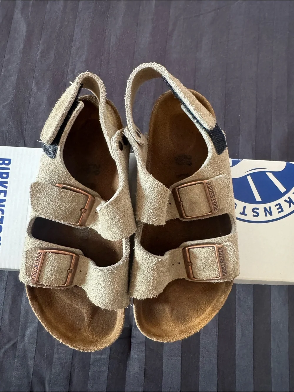 Birkenstock Kids Tan Suede Two-Strap Sandals with Heel Strap
